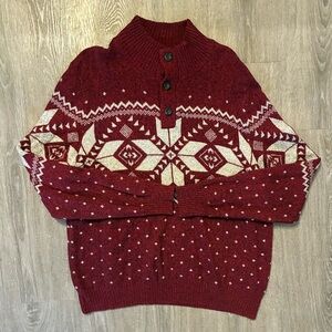 American Eagle Men’s Patterned Mock Neck Button Sweater, Burgundy & White